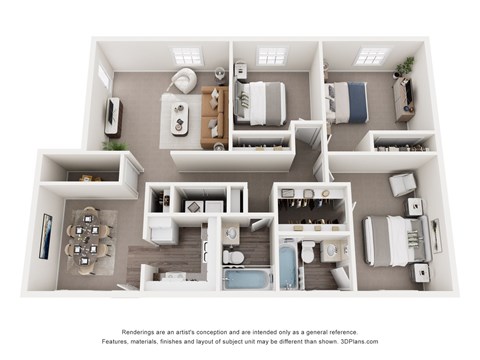Floor plan for 3 beds, 2 baths, 1500 sqft